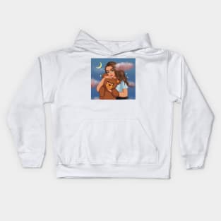 portrait girl holding a teddy bear in the clouds illustration aesthetic Kids Hoodie